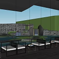 Modern Sales Office Building With Curved Black Roof And Glass Curtain Wall Water Feature