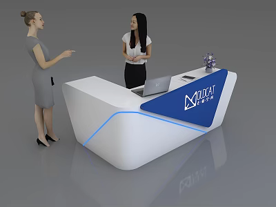 Modern White Reception Desk With Blue Accent Lines Laptop Potted Plant And Logo 3d model