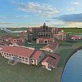 European Style Hotel Building With Spacious Layout Red Tile Roofs Green Lawns And Water Features
