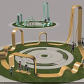 Curved Yellow Landscape Seats In Circular Green Lawn Area With People On Swings