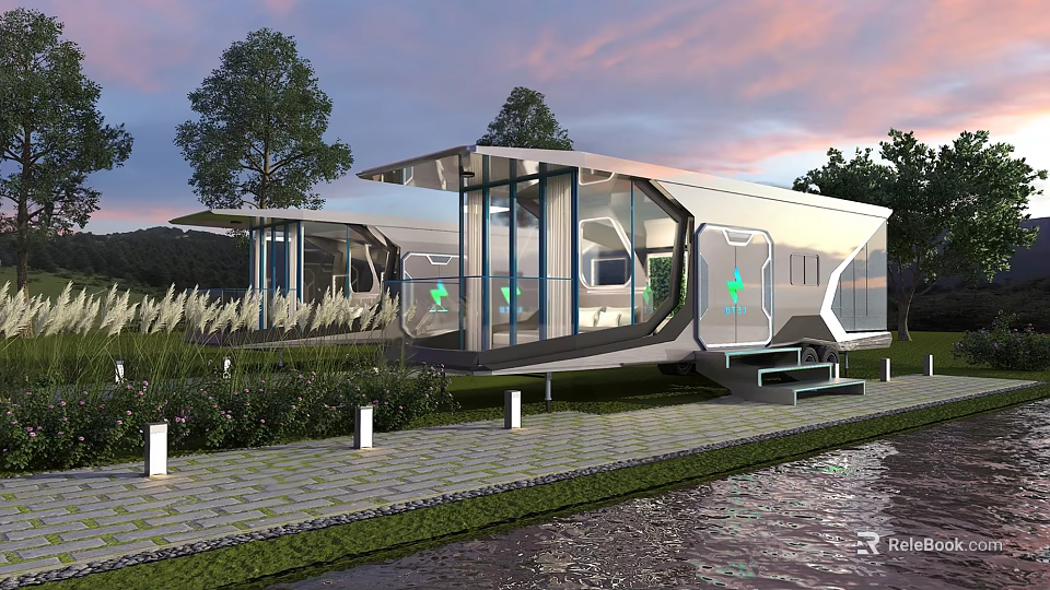 Modern Glass Guesthouse Building With Waterfront View Sunset Sky And Greenery 3d model 