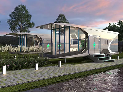 Modern Glass Guesthouse Building With Waterfront View Sunset Sky And Greenery 3d model