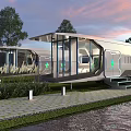 Modern Glass Guesthouse Building With Waterfront View Sunset Sky And Greenery
