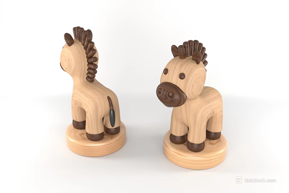 Wooden Horse Decorative Ornament Set With Light Wood Dark Brown Mane Hooves On Wooden Bases 3d model 