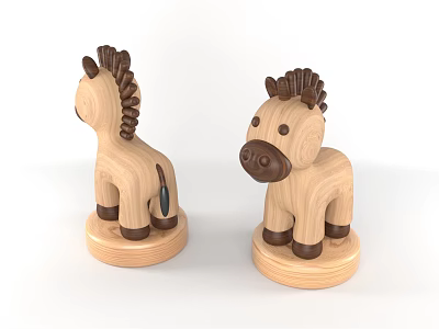 Wooden Horse Decorative Ornament Set With Light Wood Dark Brown Mane Hooves On Wooden Bases 3d model