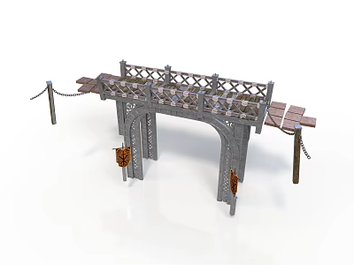 Traditional Arch Bridge Featuring Metal Framework Lattice Railings Wooden Plank Deck And Hanging Lanterns 3d model