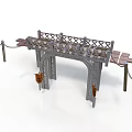 Traditional Arch Bridge Featuring Metal Framework Lattice Railings Wooden Plank Deck And Hanging Lanterns