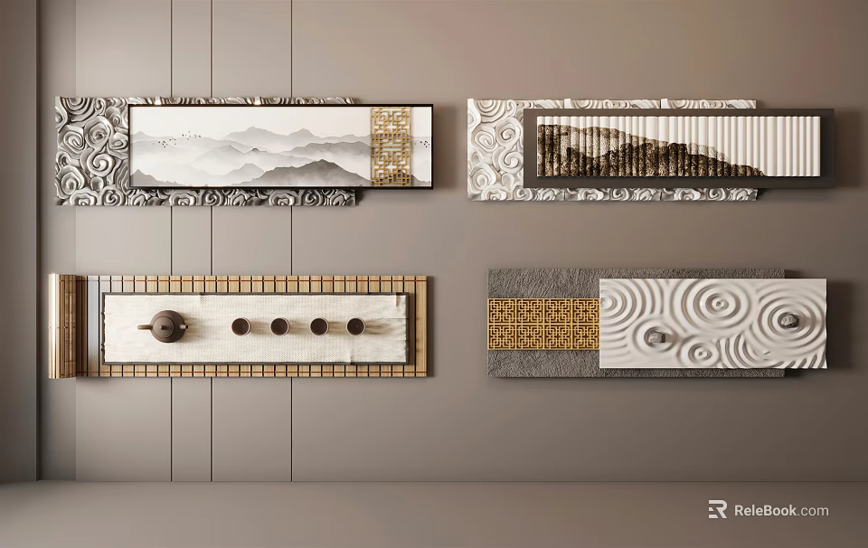 Elegant Modern Wall Decor With Mountain Landscape And Geometric Patterns 3d model