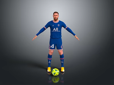 Man in PSG Soccer Jersey with Number 4 Standing on Gray Background and Yellow Ball 3d model