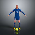 Man in PSG Soccer Jersey with Number 4 Standing on Gray Background and Yellow Ball