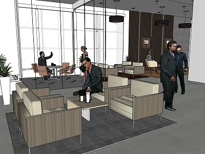 Modern Comfortable Lounge Area Interior With Sofas Coffee Tables And Pendant Lights 3d model