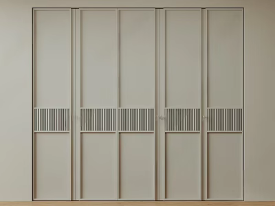 Modern Light Beige Wardrobe With Sliding Doors And Vertical Slat Panels 3d model