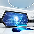 Futuristic Exhibition Hall With Large Screen Data Charts Blue Lighting And Display Platform 3d model