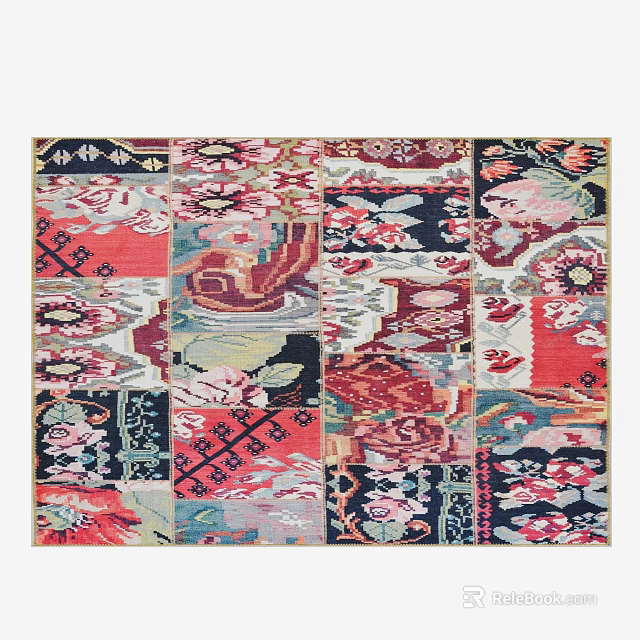 Vintage Inspired Colorful Patchwork Square Carpet With Floral Geometric Patterns For Home Decor 3d model 