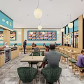 Modern Restaurant Interior With Blue Walls Green Chairs Wooden Tables Pendant Lights And Customers Dining