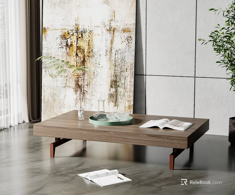 Wooden Coffee Table With Glass Tray Open Book And Abstract Painting In Modern Living Room 3d model 