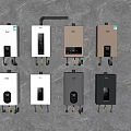 Modern Water Heaters In Various Colors With Display Screens And Control Buttons On Gray Wall