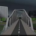 Modern Arch Bridge With Roadway And Railings Near Modern Buildings Trees And River