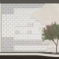 Modern Transparent Glass Brick Wall Interior With Layered Structure And Potted Tree 3d model