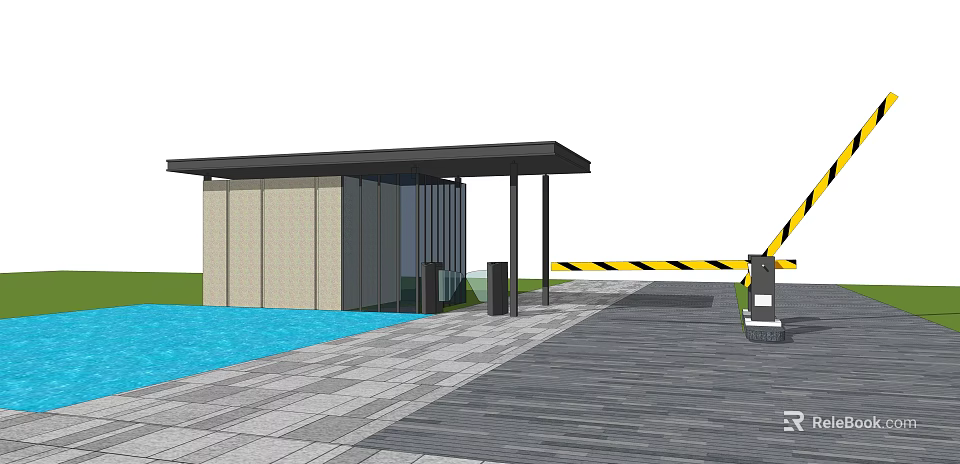 Entrance Gate With Covered Structure And Stone Pavement Near Blue Water Area 3d model 
