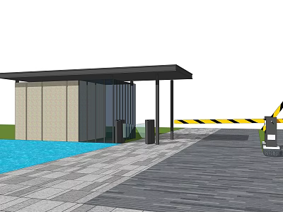 Entrance Gate With Covered Structure And Stone Pavement Near Blue Water Area 3d model