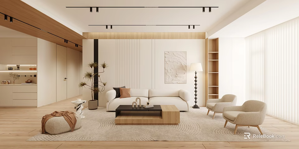 Modern Minimalist Living Room Interior With Wooden Sofa Coffee Table Plants And Decorative Painting 3d model 