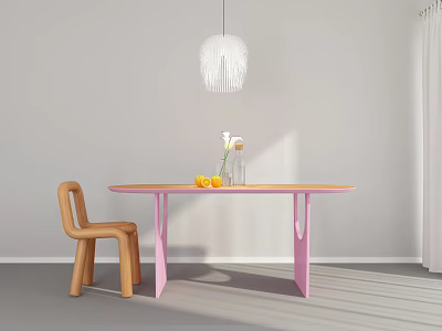 Pink Wooden Dining Table Set With Pendant Light Vase Fruits And Curtains 3d model