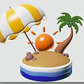Beach Scene With Yellow White Striped Umbrella Sun Palm Tree Sand And Water