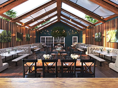 Cozy Restaurant Interior With Wooden Walls Glass Skylights Greenery Artworks And Dining Tables 3d model