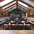 Cozy Restaurant Interior With Wooden Walls Glass Skylights Greenery Artworks And Dining Tables