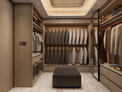 Luxury Walk in Closet Interior Design With Wooden Cabinets Hanging Clothes Bench And Mirror 3d model