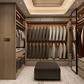 Luxury Walk in Closet Interior Design With Wooden Cabinets Hanging Clothes Bench And Mirror