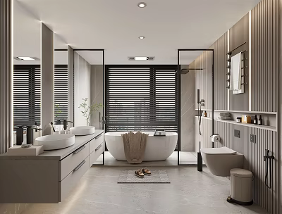 Modern Minimalist Bathroom Interior With Double Vanity Sinks Freestanding Bathtub Wooden Panels Blinds And Mirrors 3d model