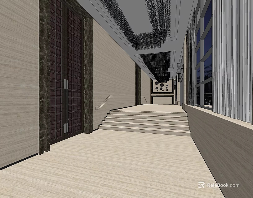 Elevator Hallway Interior Design With Wooden Flooring Decorative Walls And Ceiling Decor 3d model