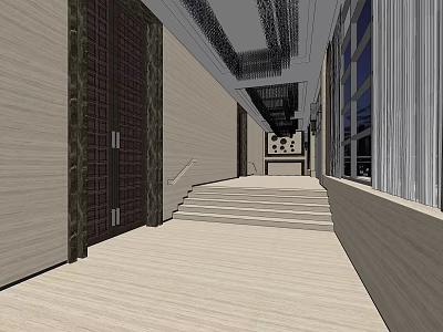 Elevator Hallway Interior Design With Wooden Flooring Decorative Walls And Ceiling Decor 3d model