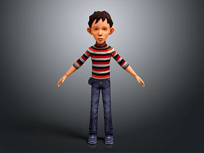 Game Film Character Boy Wearing Red Black Striped Sweater Blue Jeans Standing Pose 3d model