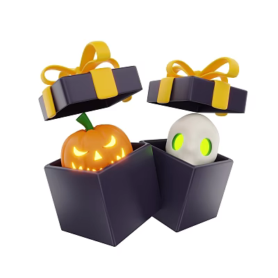 Halloween Decorative Ornament Set With Gift Boxes Yellow Ribbons Jack O Lantern And Skull 3d model