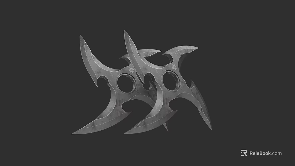 Two Metal Throwing Star Weapons With Sharp Blades And Central Holes On Black Background 3d model 