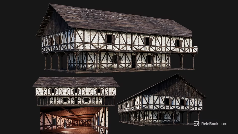 Traditional Ancient Timber Framed Building Two Story With Sloped Roof White Exterior And Wooden Windows 3d model 