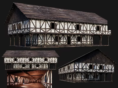 Traditional Ancient Timber Framed Building Two Story With Sloped Roof White Exterior And Wooden Windows 3d model
