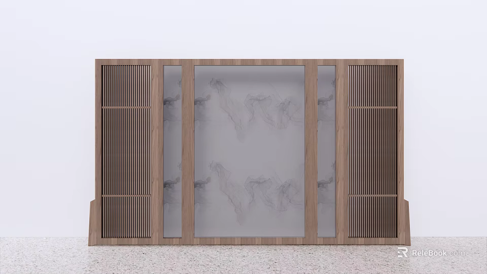 Modern Chinese Style Room Divider With Wooden Frame And Ink Pattern Glass Panels 3d model 