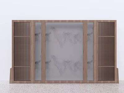 Modern Chinese Style Room Divider With Wooden Frame And Ink Pattern Glass Panels 3d model