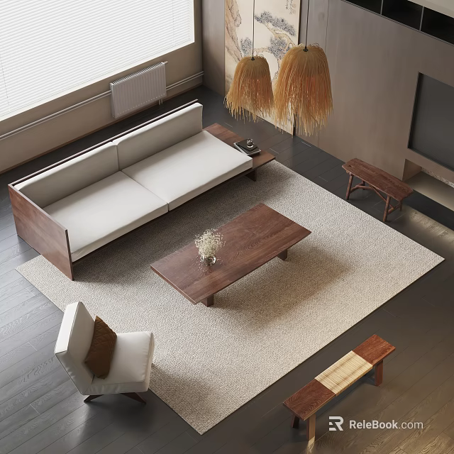 Modern Living Room Sofa Coffee Table Combination With Light Rug Accent Chair And Pendant Lights 3d model 
