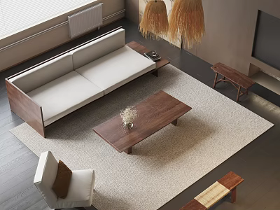 Modern Living Room Sofa Coffee Table Combination With Light Rug Accent Chair And Pendant Lights 3d model