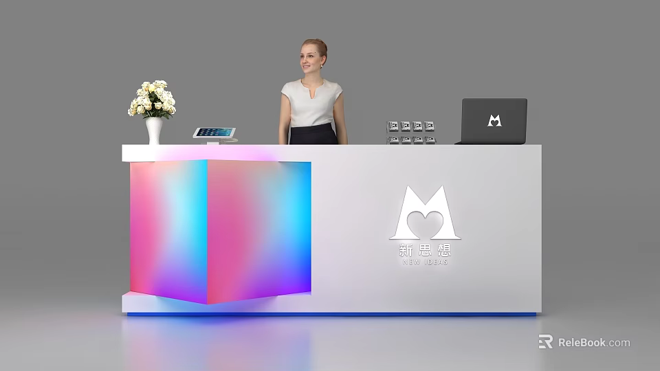 Modern Exhibition Reception Desk With Colorful Gradient Panel White Flower Bouquet Tablet Laptop And Staff 3d model 