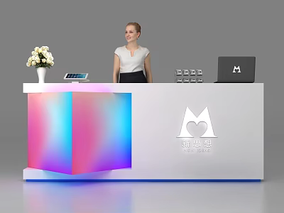 Modern Exhibition Reception Desk With Colorful Gradient Panel White Flower Bouquet Tablet Laptop And Staff 3d model