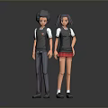 Two Children Boy and Girl in School Uniforms Standing with Gray Pants Red Skirt