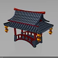Chinese Traditional Pavilion With Blue Tiled Roof Red Frame And Hanging Lanterns