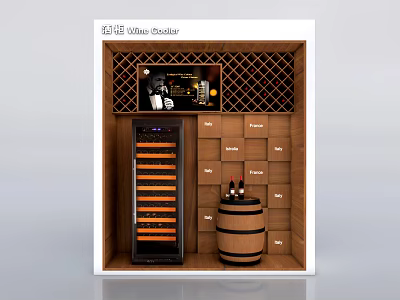 Elegant Wine Cellar Style Wine Cooler With Wooden Wine Rack And Wine Barrel 3d model
