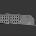 Cartoon Scene Of White Building Model With Black Roof And Transparent Outline Design